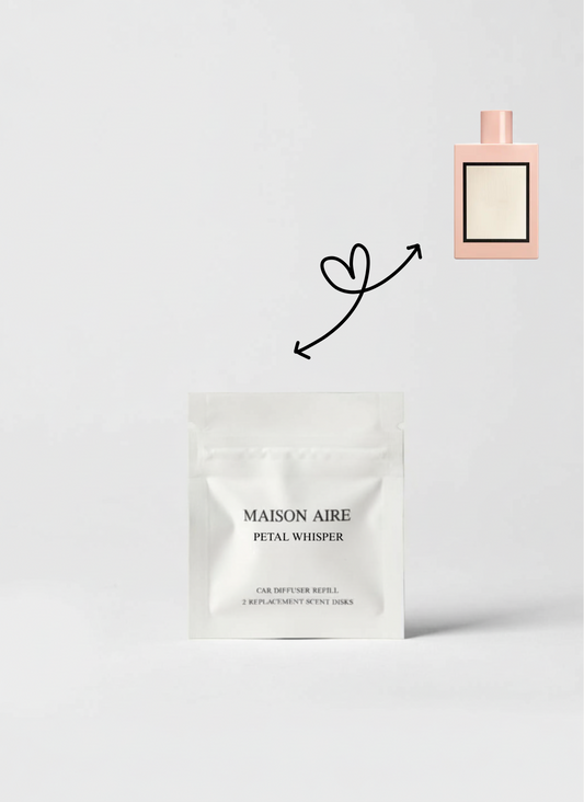 Rose Belle car scent refill by Maison Aire with delicate rose, fresh peony and clean musk fragrance inspiration displayed