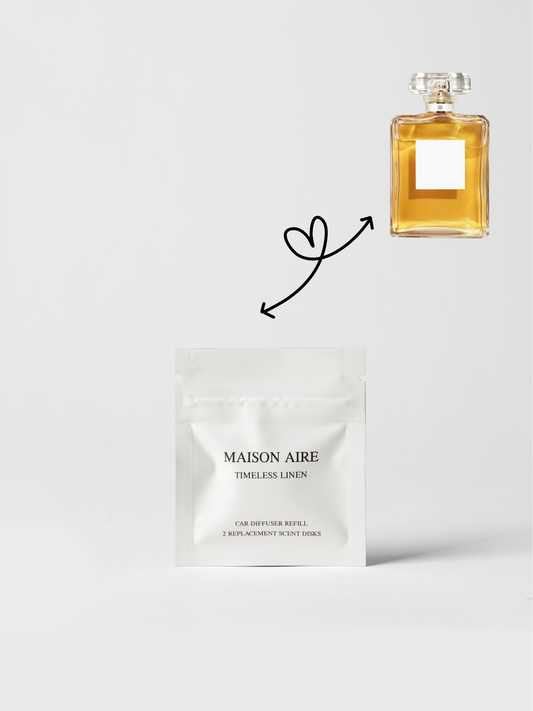 Timeless Linen car scent refill by Maison Aire with crisp aldehyde, ylang-ylang and vanilla fragrance inspiration displayed inspired by Chanel No.5