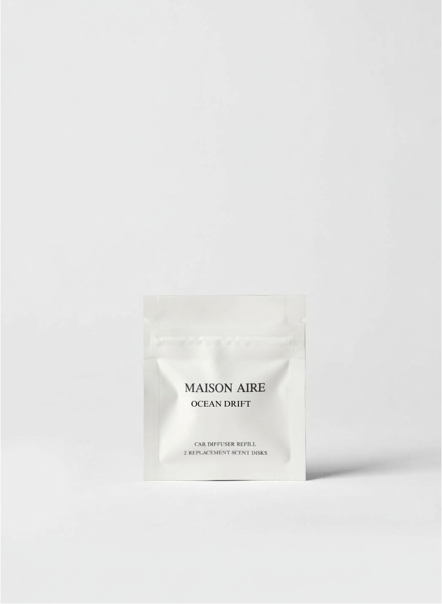 Maison Aire Ocean Drift car diffuser refill pack with two replacement scent disks in white pouch, scent inspired by Giorgio Armani Acqua Di Gioia