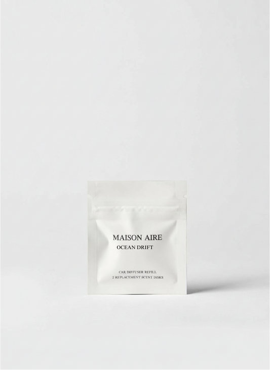 Maison Aire Ocean Drift car diffuser refill pack with two replacement scent disks in white pouch, scent inspired by Giorgio Armani Acqua Di Gioia
