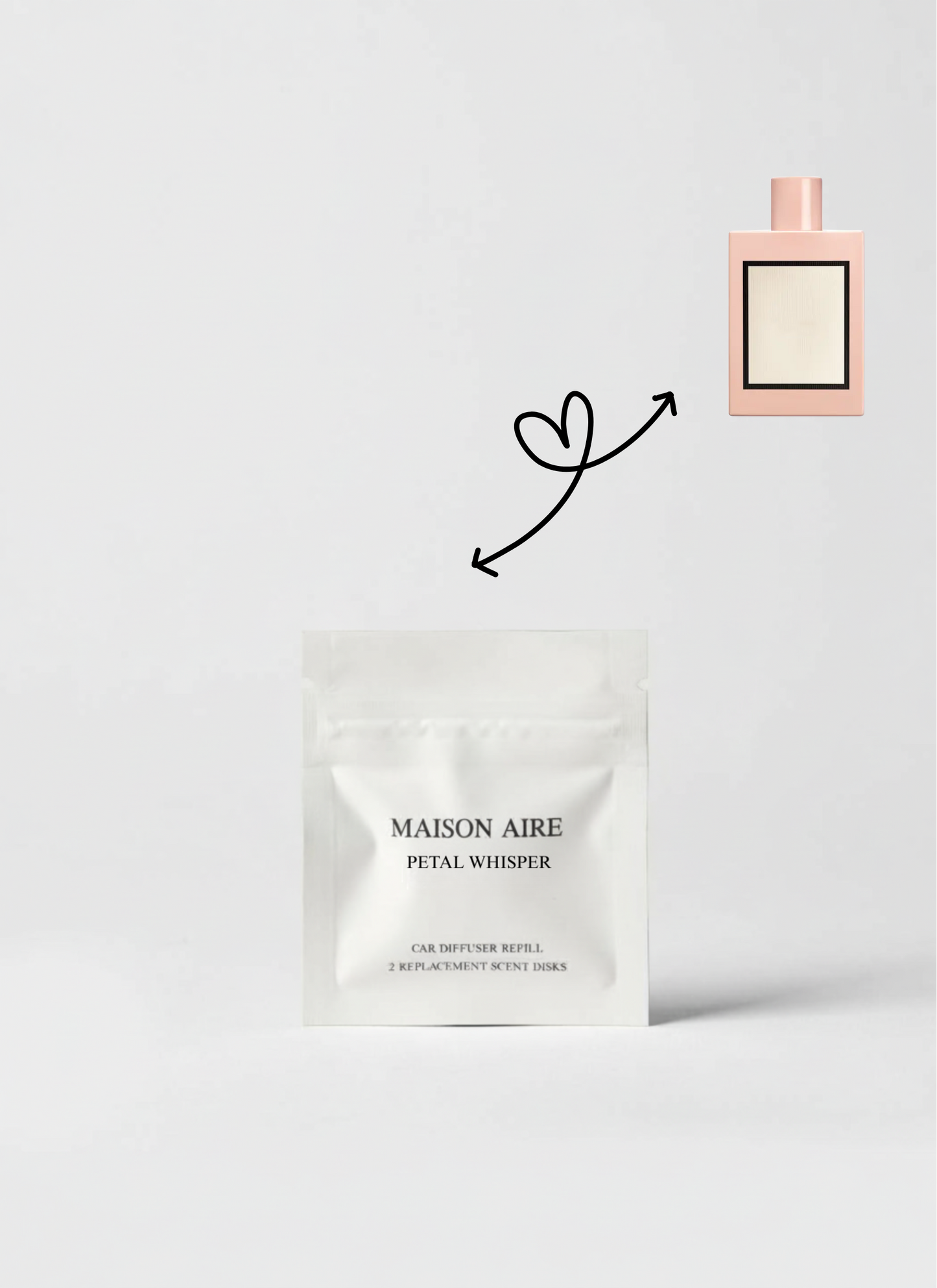 Rose Belle car scent refill by Maison Aire with delicate rose, fresh peony and clean musk fragrance inspiration displayed