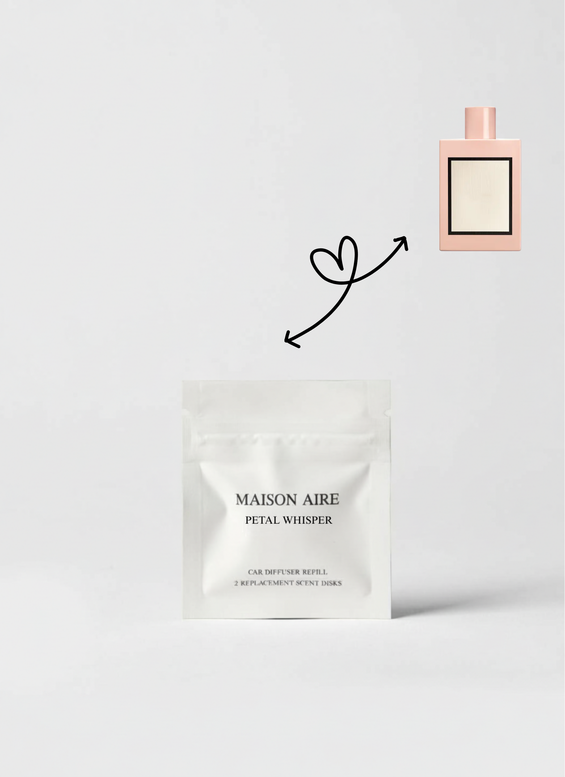 Rose Belle car scent refill by Maison Aire with delicate rose, fresh peony and clean musk fragrance inspiration displayed