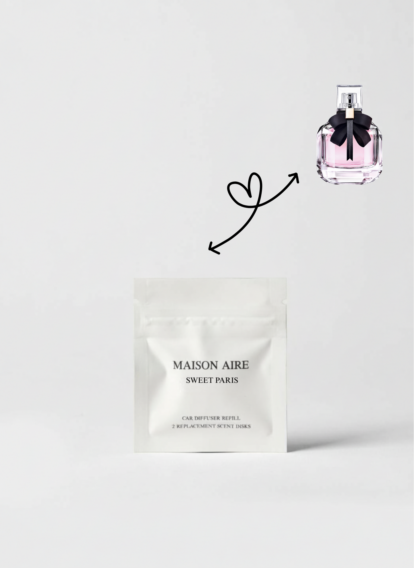 Maison Aire Sweet Paris car diffuser refill pack with pink perfume bottle and heart arrow