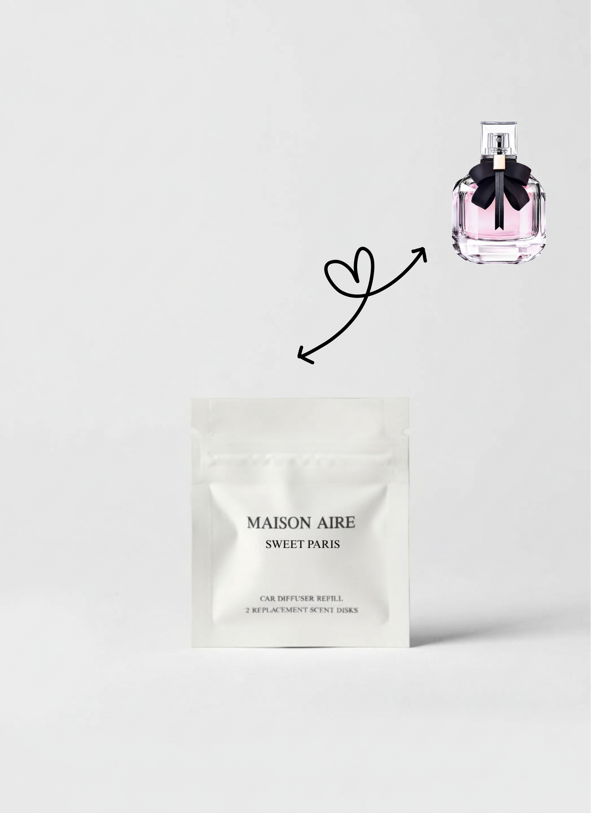 Maison Aire Sweet Paris car diffuser refill pack with pink perfume bottle and heart arrow
