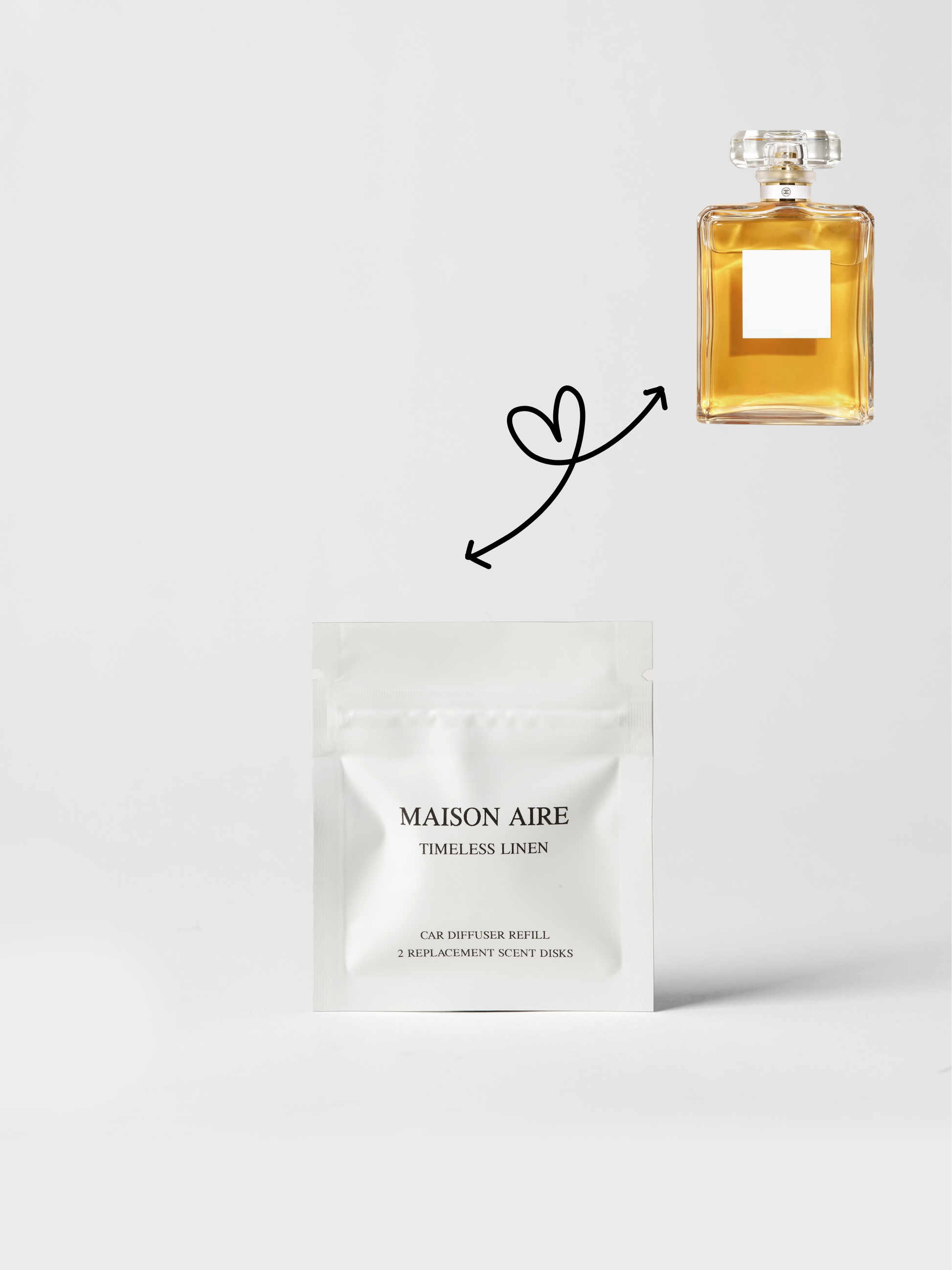 Timeless Linen car scent refill by Maison Aire with crisp aldehyde, ylang-ylang and vanilla fragrance inspiration displayed inspired by Chanel No.5