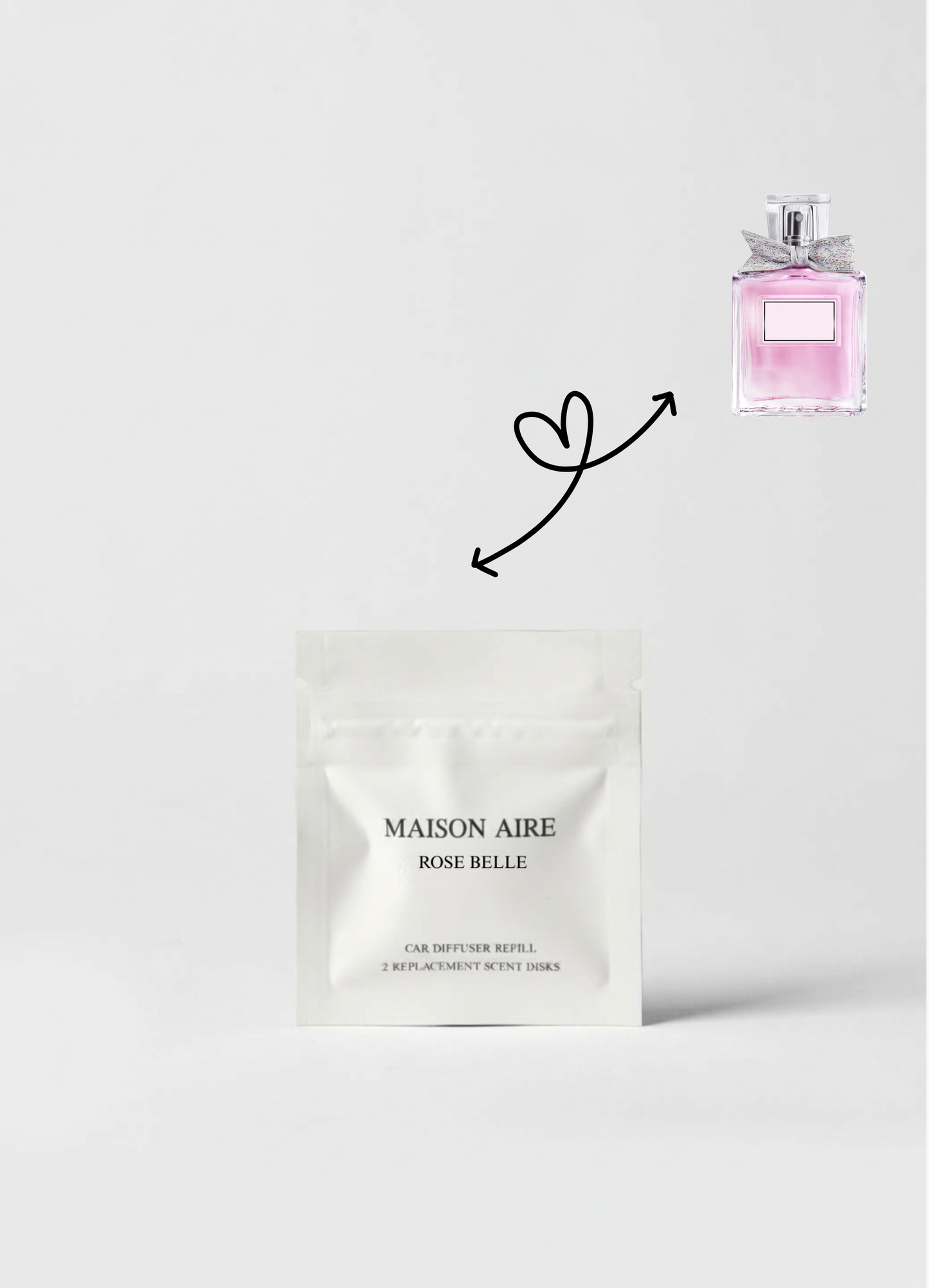 Rose Belle car scent refill by Maison Aire with delicate rose, fresh peony and clean musk fragrance inspiration displayed, inspired by Miss Dior