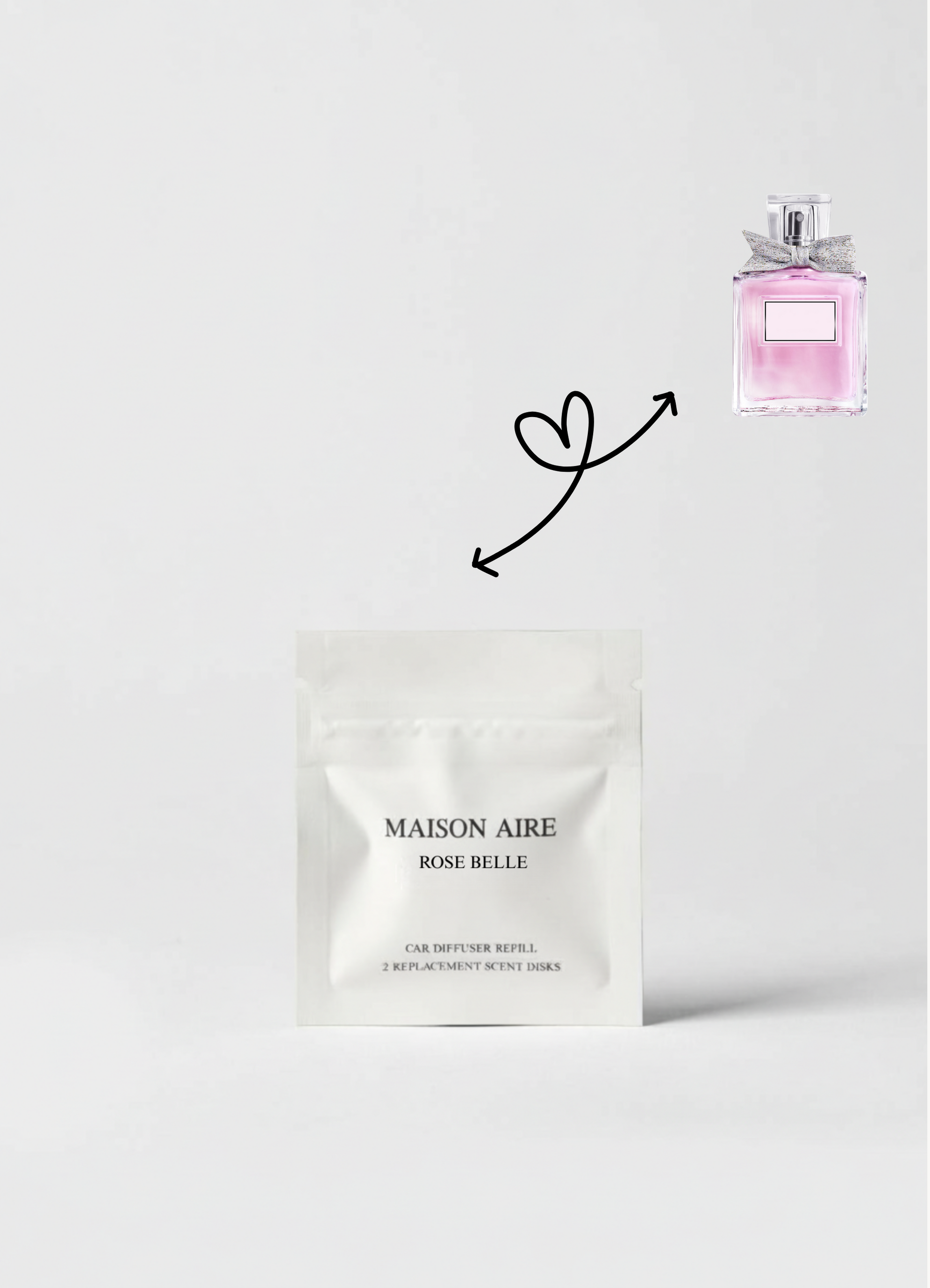 Rose Belle car scent refill by Maison Aire with delicate rose, fresh peony and clean musk fragrance inspiration displayed, inspired by Miss Dior
