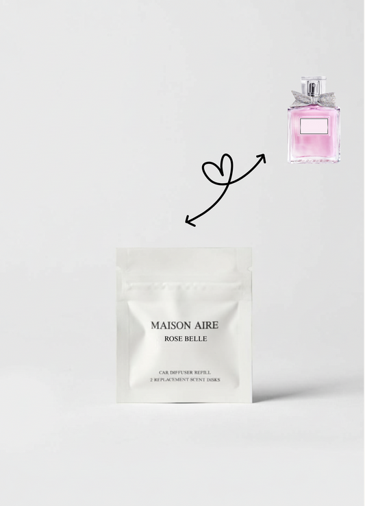 Rose Belle car scent refill by Maison Aire with delicate rose, fresh peony and clean musk fragrance inspiration displayed, inspired by Miss Dior
